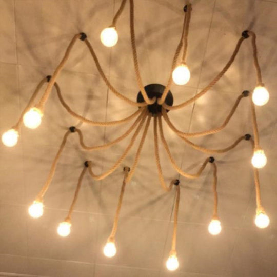 Hemp Rope Spider Chandelier - Rustic Flaxen Lighting For Restaurants 12 /