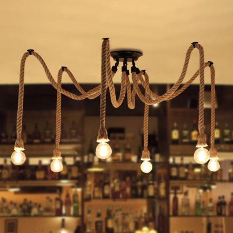 Hemp Rope Spider Chandelier - Rustic Flaxen Lighting For Restaurants 6 /