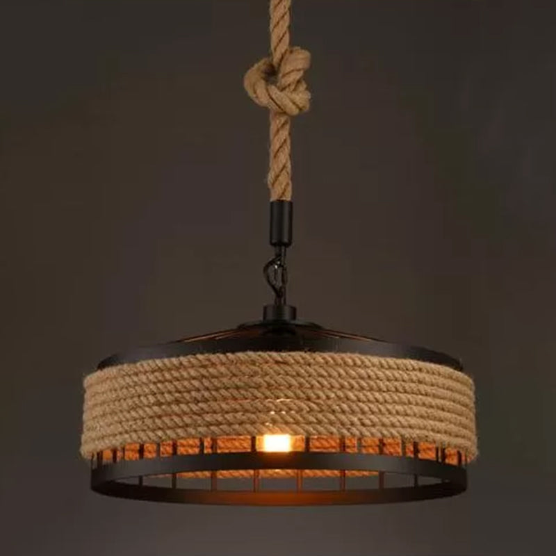 Geometric Antique Pendant Light With Metallic Shade And Hemp Rope For Restaurants