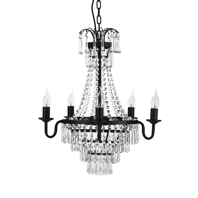 Mid-Century Black Pyramid Chandelier Pendant Light With Crystal Accents - 10 Heads