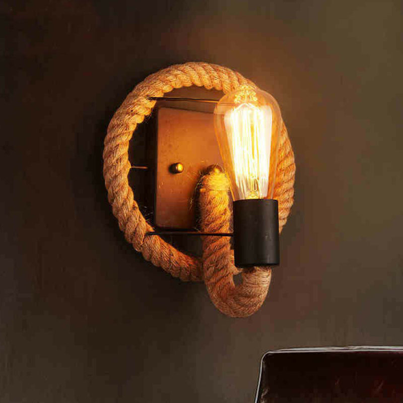 Industrial Black Open Bulb Wall Lamp - Single-Bulb Iron Light With Hemp Rope Corridor Mounted /
