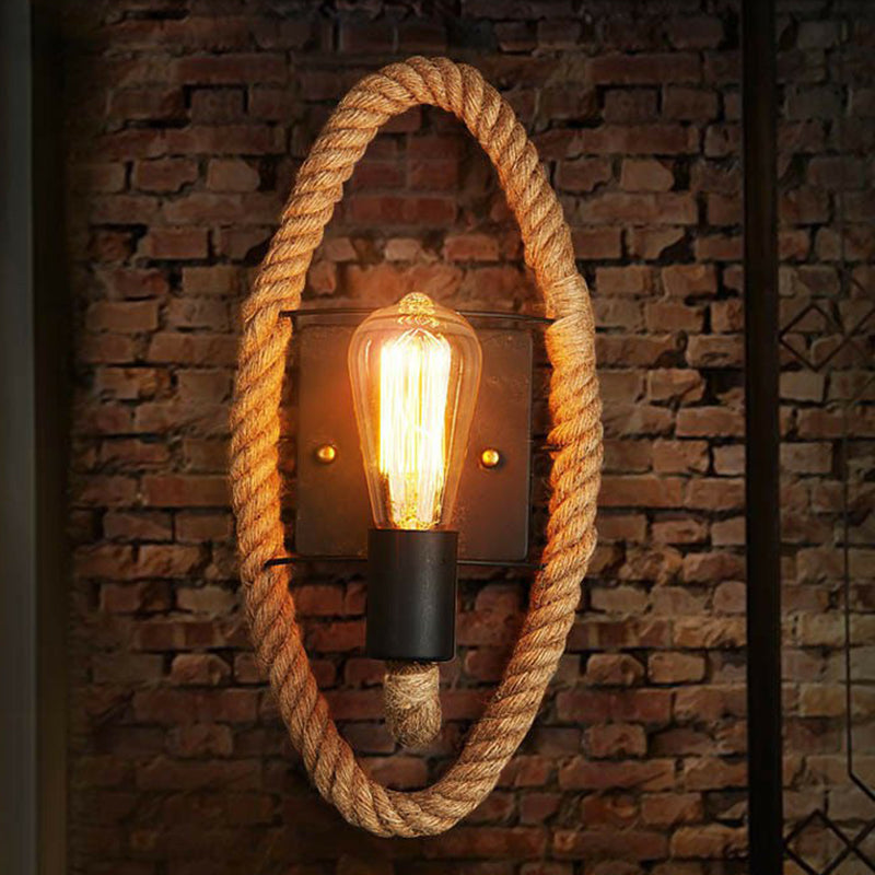 Industrial Black Open Bulb Wall Lamp - Single-Bulb Iron Light With Hemp Rope Corridor Mounted / Oval
