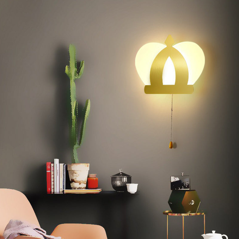 Modern Gold Led Wall Sconce Lamp Crown Acrylic Lighting Fixture With Pull Chain For Bedroom