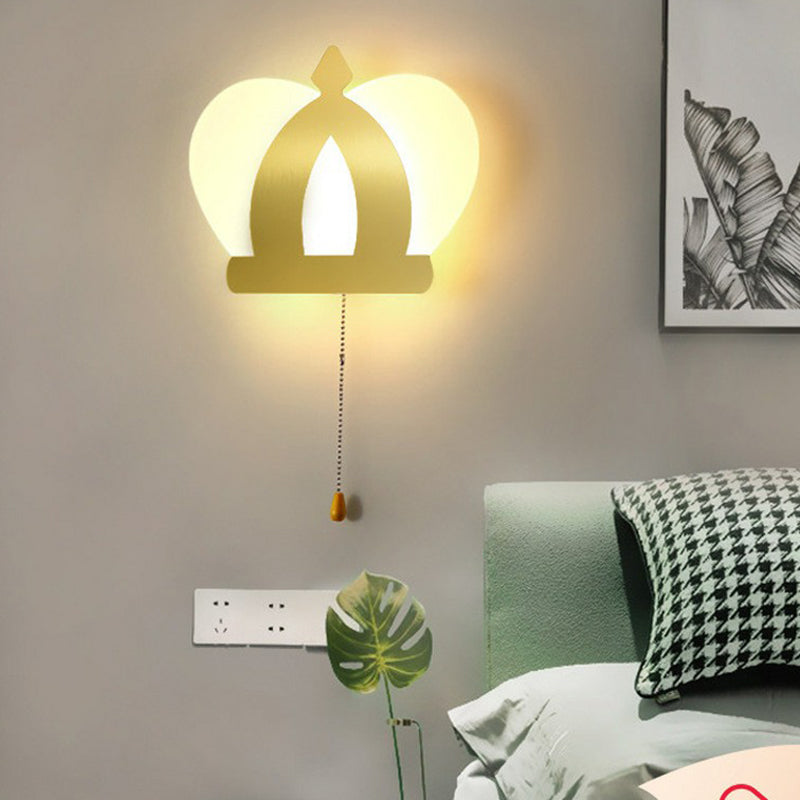 Modern Gold Led Wall Sconce Lamp Crown Acrylic Lighting Fixture With Pull Chain For Bedroom / Warm