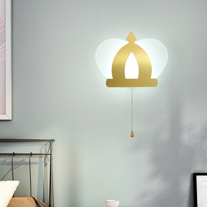 Modern Gold Led Wall Sconce Lamp Crown Acrylic Lighting Fixture With Pull Chain For Bedroom / White
