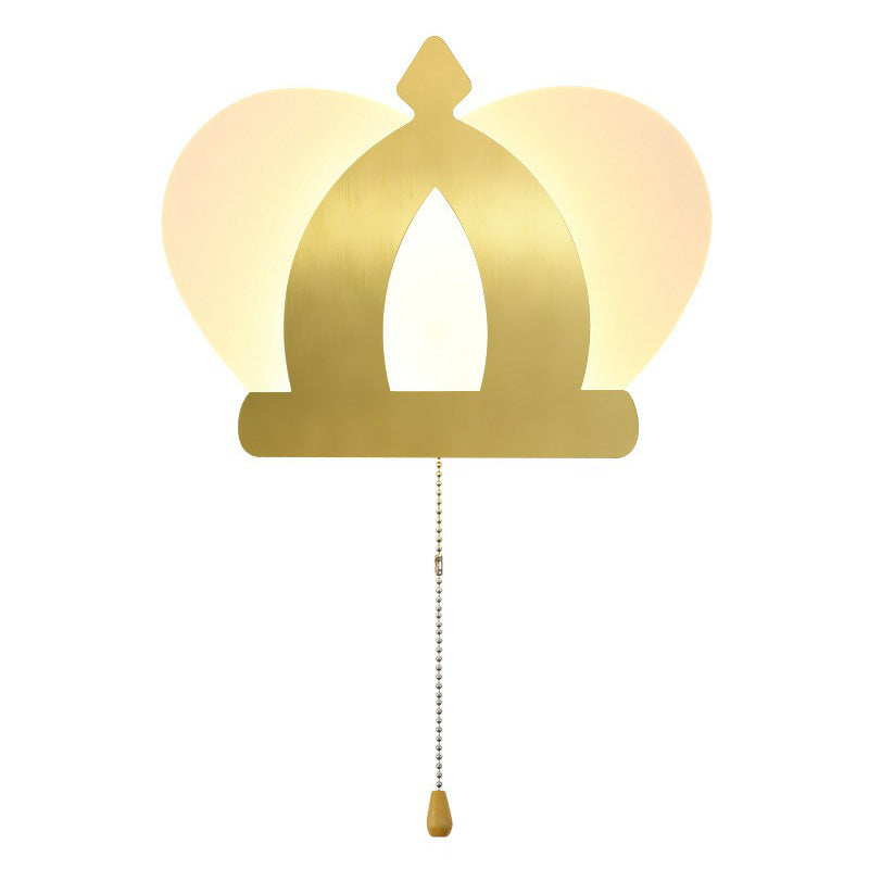 Modern Gold Led Wall Sconce Lamp Crown Acrylic Lighting Fixture With Pull Chain For Bedroom