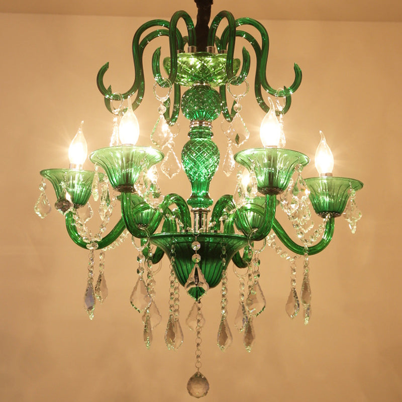 Retro Green Pendant Chandelier With Crystal Shade - 6 Heads For Living Room
