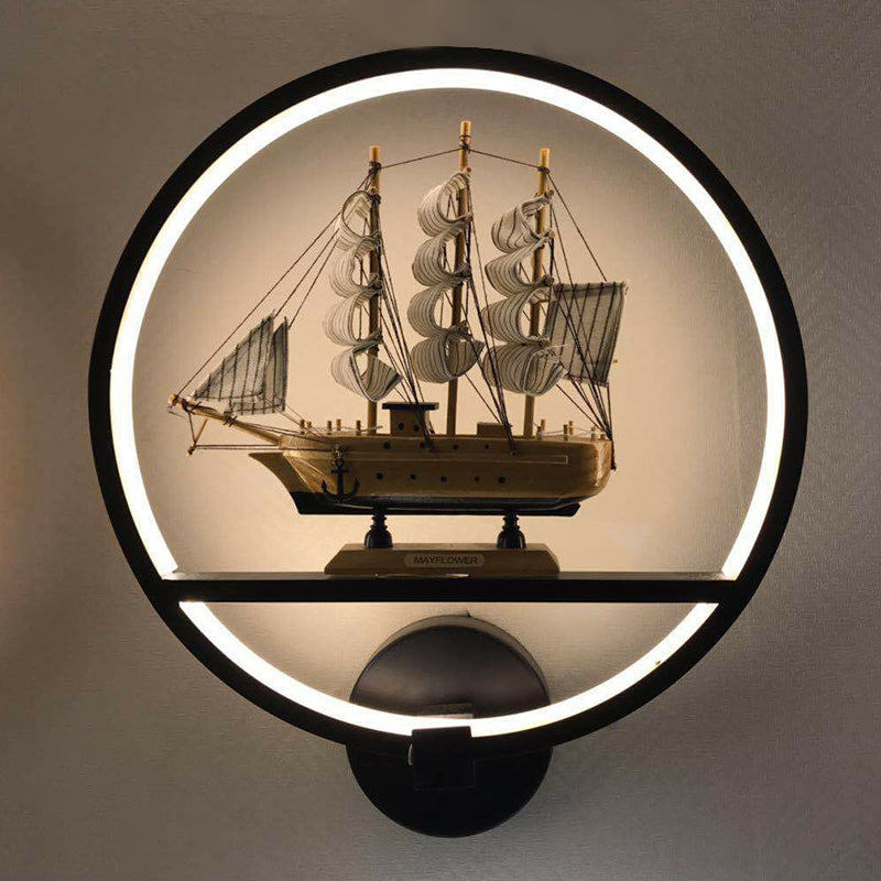 Minimalist Circular Led Wall Sconce In White For Living Room / Boat