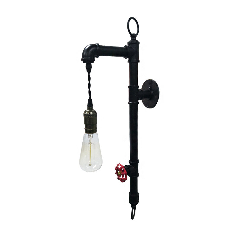 Industrial Water Pipe Wall Light Fixture With Valve Handle Black