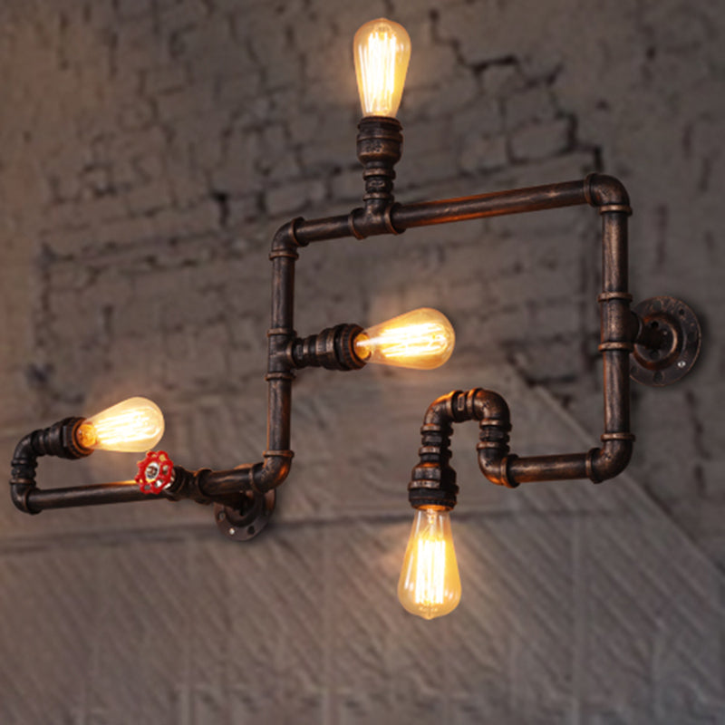 Vintage Rustic Iron Pipe Wall Light Fixture With 4 Lights And Valve Handle For Restaurants