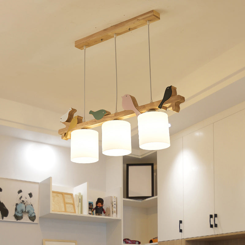 Simplicity Cream Glass Led Hanging Lamp With Wooden Bird - Dining Room Island Chandelier Light
