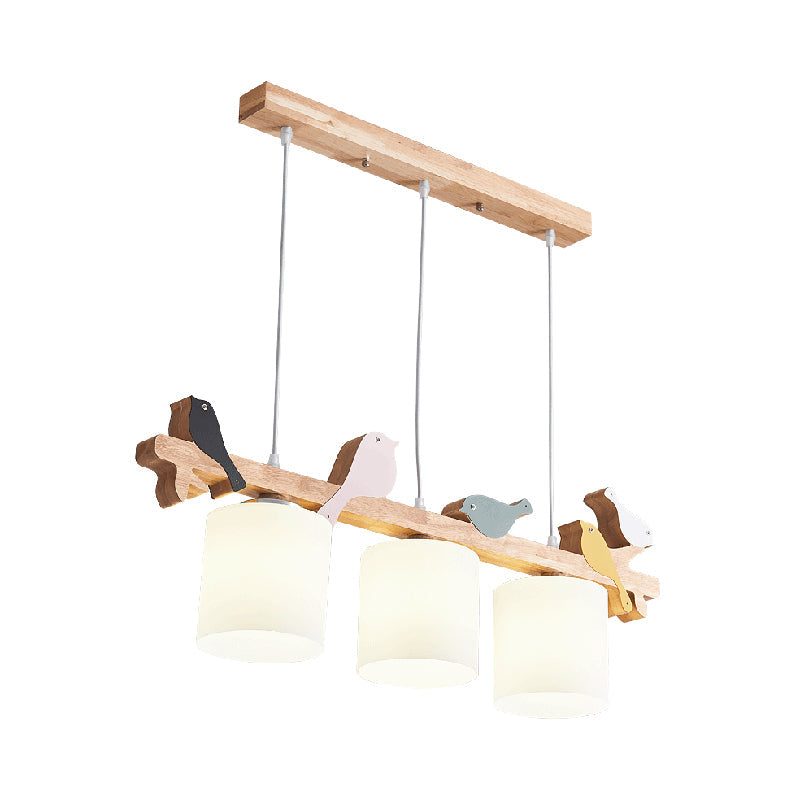 Simplicity Cream Glass Led Hanging Lamp With Wooden Bird - Dining Room Island Chandelier Light