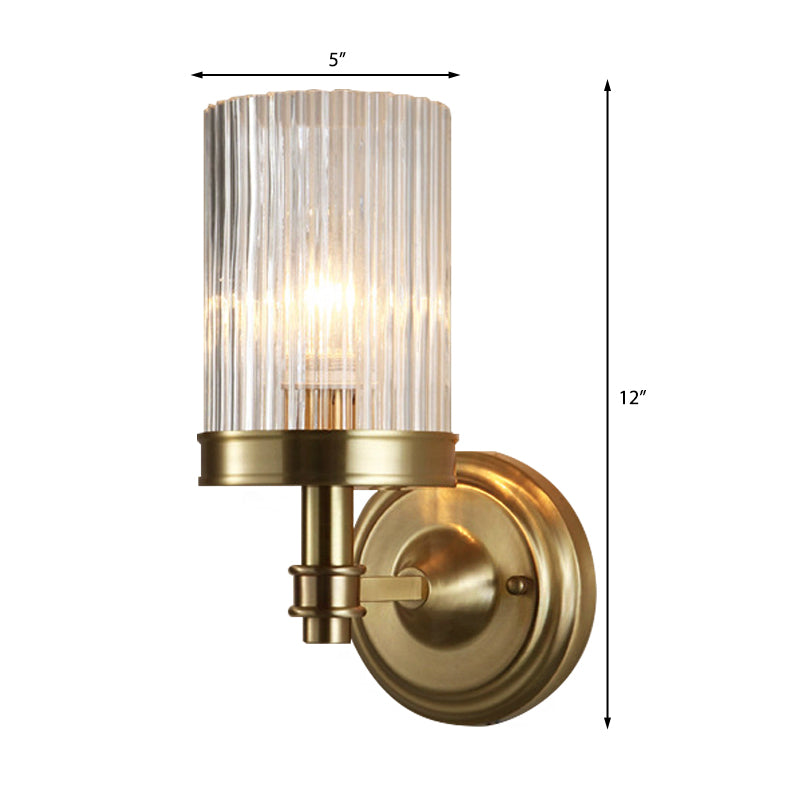 Vintage Style Clear Ribbed Glass Cylinder Wall Lamp - Black/Gold Finish Sconce Fixture For Living