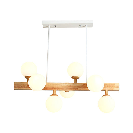 Simplicity Opal Glass Globe Pendant Light - 7 Heads Island Chandelier In Wood For Dining Room