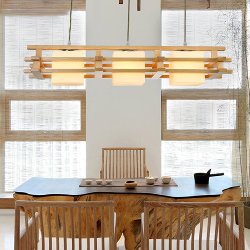 Japanese Wood Ceiling Pendant With Blown Glass: Cube Restaurant Island Light Fixture - 3 Bulbs