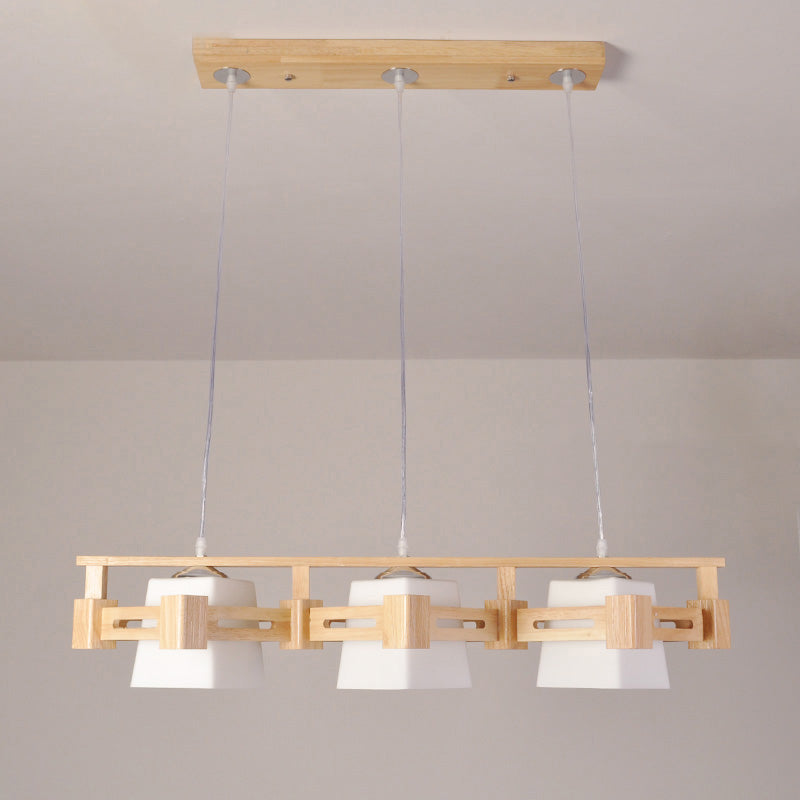 Japanese Hanging Light: Trapezoid Cream Glass 3-Bulb Pendant For Dining Room Or Kitchen Island Wood