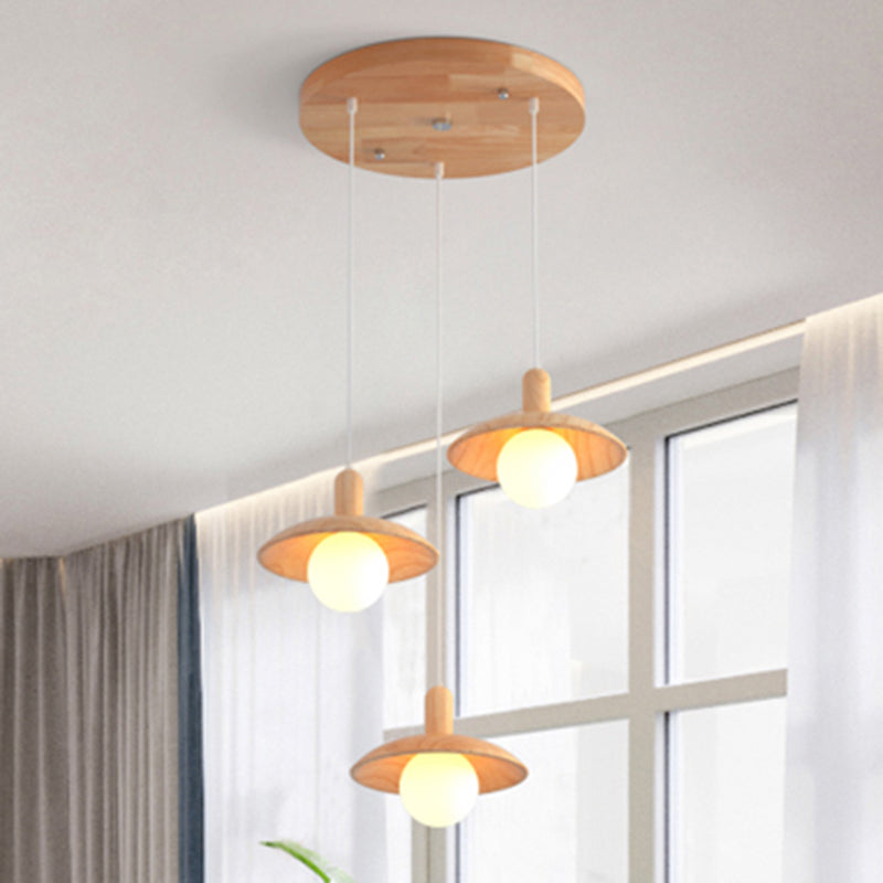 Minimalist Wood Pendant Light - 3-Bulb Funnel Shade For Restaurants