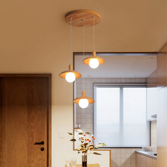 Minimalist Wood Pendant Light - 3-Bulb Funnel Shade For Restaurants / Round