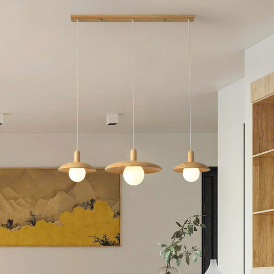 Minimalist Wood Pendant Light with 3 Bulbs for Restaurants - Funnel Shade Hanging Fixture