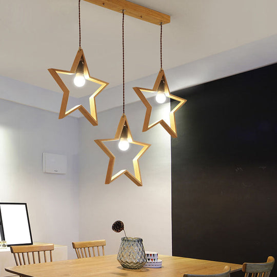 Nordic Style Wood Star Wire Frame Pendant Ceiling Light With 3 Heads