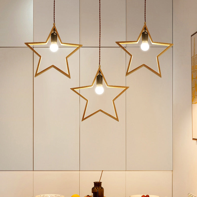 Nordic Style Wood Star Wire Frame Pendant Ceiling Light With 3 Heads