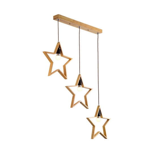 Nordic Style 3-Head Wood Star Pendant Ceiling Light - Wire Frame Multi Suspension Lighting