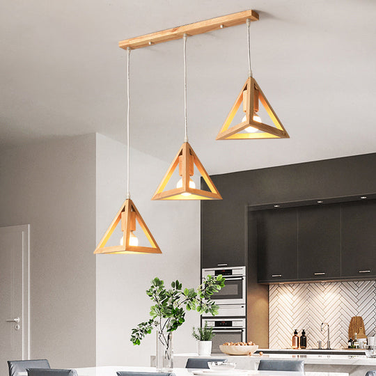 Minimalist Geometric Wood Ceiling Light With 3 Bulbs For Dining Rooms / Triangle Linear