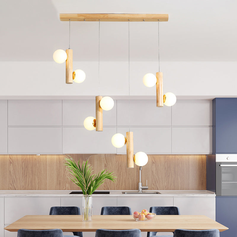 Modern Cream Glass Dining Room Pendant Light With Multiple Wood Suspension