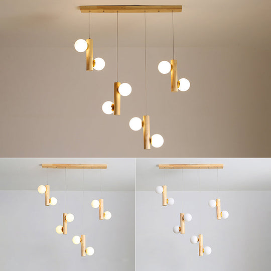 Modern Cream Glass Dining Room Pendant Light With Multiple Wood Suspension