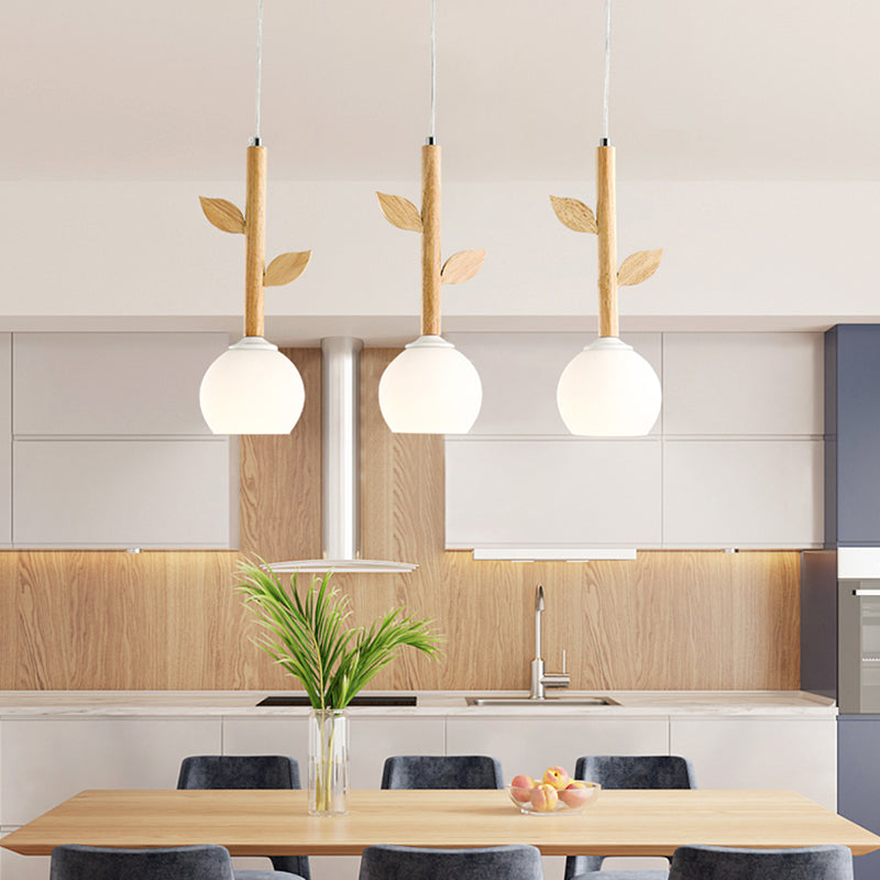 Modern Wood Pendant Light with Globe Cream Glass Shade - Branch Multi-Light, 3 Bulbs - Ideal for Restaurants