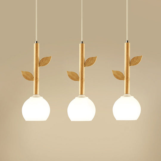 Modern Wood Pendant Light with Globe Cream Glass Shade - Branch Multi-Light, 3 Bulbs - Ideal for Restaurants