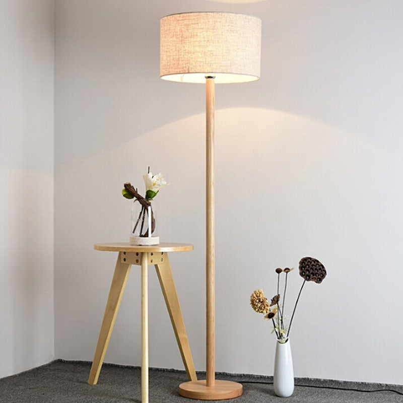 Simplicity Geometric Floor Lamp - 1-Light Study Room Standing Lighting In Wood With Fabric Shade /