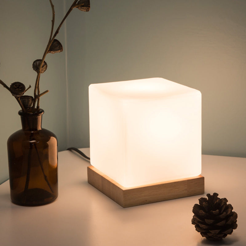 Nordic Style Cube Table Light With White Glass And Wooden Base - Single Nightstand Lighting