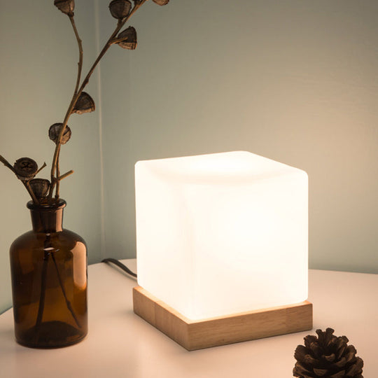 Nordic Style Cube Table Light With White Glass And Wooden Base - Single Nightstand Lighting