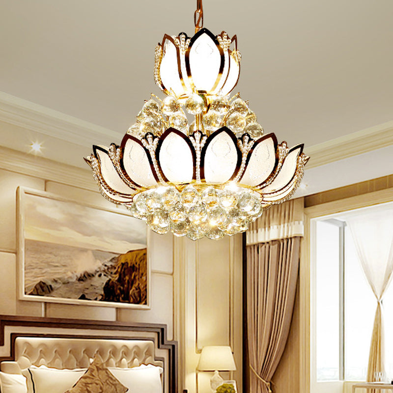 Retro Crystal Lotus Chandelier Pendant Light - 10-Head Hanging Ceiling In Gold