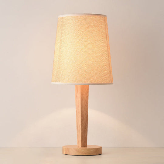 Modern Geometric Fabric Table Lamp With Wooden Base - Single White Nightstand Light / Drum