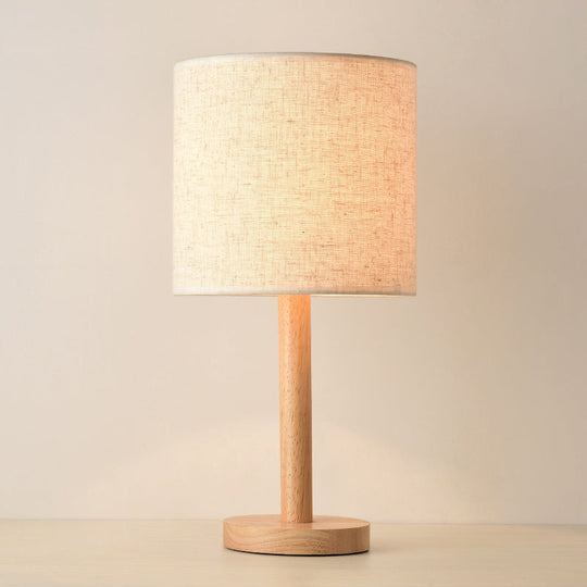 Modern Geometric Fabric Table Lamp With Wooden Base - Single White Nightstand Light / Cylinder