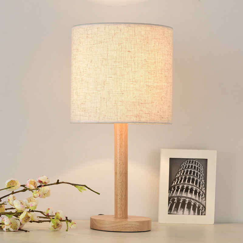 Modern Geometric Fabric Table Lamp With Wooden Base - Single White Nightstand Light