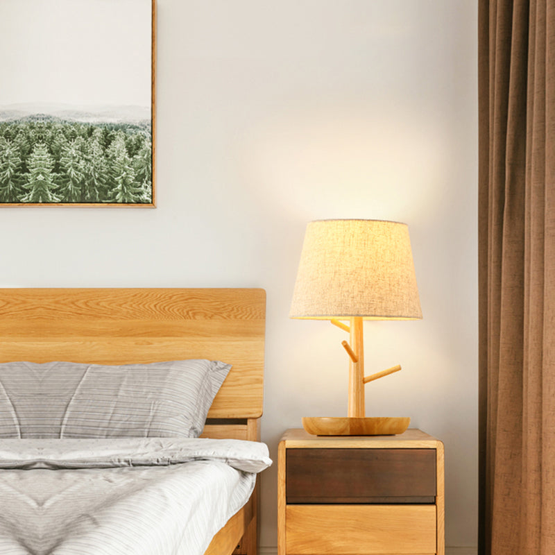 Tapered Table Light: Contemporary 1-Light Nightstand Lighting For Bedroom Wood Design