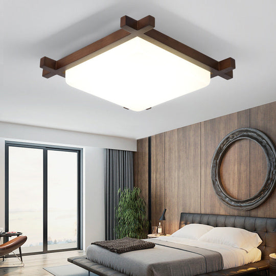 Acrylic Nordic Style Led Square Bedroom Flush Ceiling Light Fixture With Wood Finish / 15 Natural