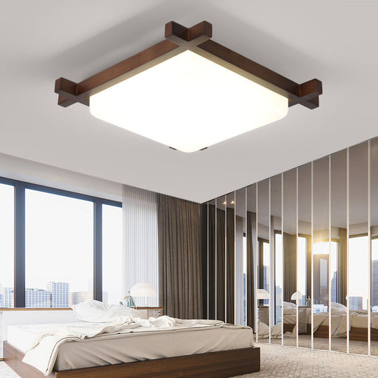 Acrylic Nordic Style Led Square Bedroom Flush Ceiling Light Fixture With Wood Finish