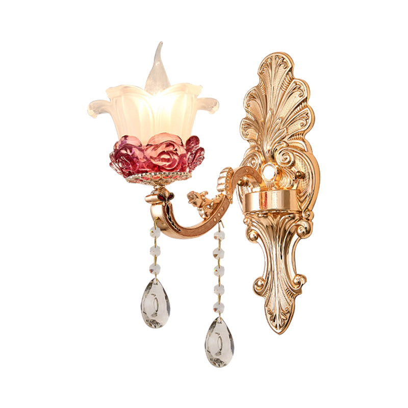 Vintage Flower Milk Glass Wall Sconce - Brass Finish With Clear Crystal Decoration