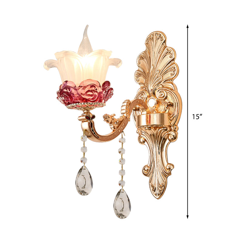 Vintage Flower Milk Glass Wall Sconce - Brass Finish With Clear Crystal Decoration