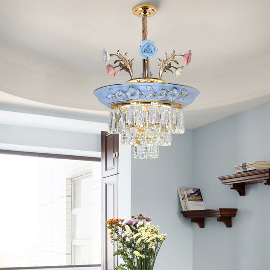 3-Tier Crystal Pendant Chandelier with LED, Radiant White/Blue Light, Metal Flowers, 12"/14" Wide