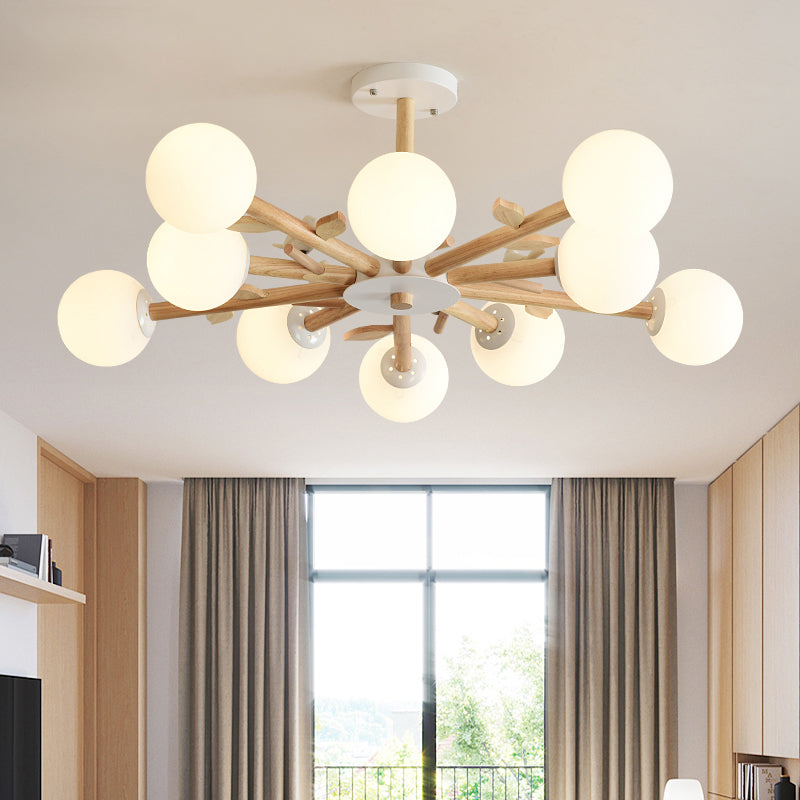 Opal Glass Globe Chandelier: Modern Living Room Pendant Light in Wood
