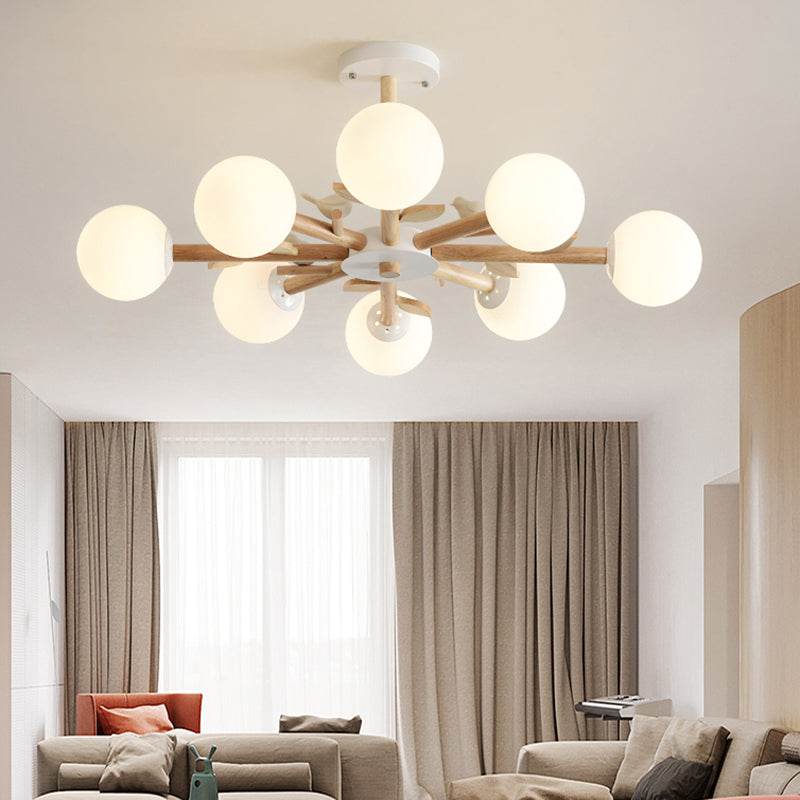 Modern Opal Glass Globe Chandelier: Wood Pendant Light Fixture For Living Room 8 /