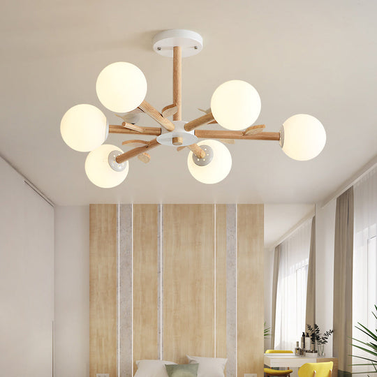 Modern Opal Glass Globe Chandelier: Wood Pendant Light Fixture For Living Room