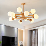 Minimalist Cream Glass Bedroom Chandelier With Wood Finish