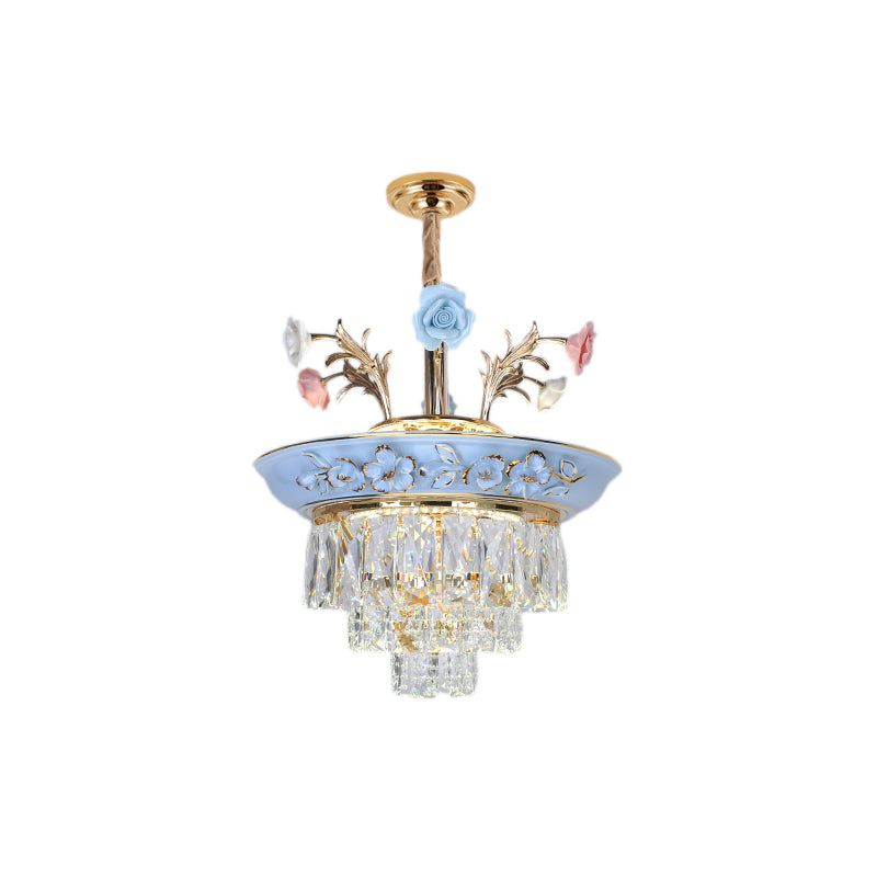3-Tier Crystal Pendant Chandelier with LED, Radiant White/Blue Light, Metal Flowers, 12"/14" Wide