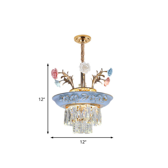3-Tier Pendant Chandelier With Crystal White/Blue Led Lighting Metal Flowers 12/14 Wide